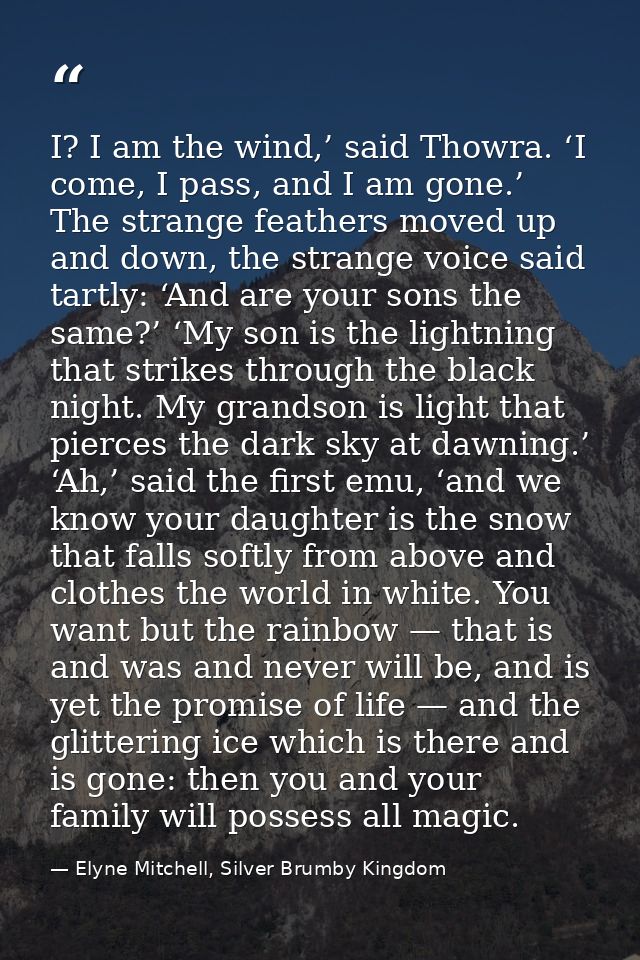 I? I am the wind,’ said Thowra. ‘I come, I pass, and I am gone.’ The strange feathers moved up and down, the strange voi — Elyne Mitchell, Silver Brumby Kingdom