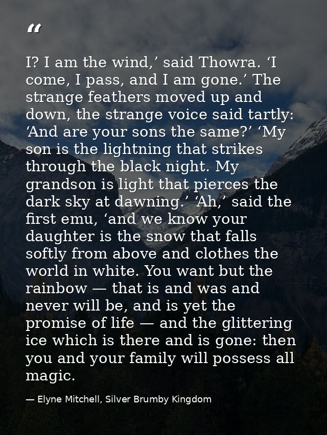 I? I am the wind,’ said Thowra. ‘I come, I pass, and I am gone.’ The strange feathers moved up and down, the strange voi — Elyne Mitchell, Silver Brumby Kingdom