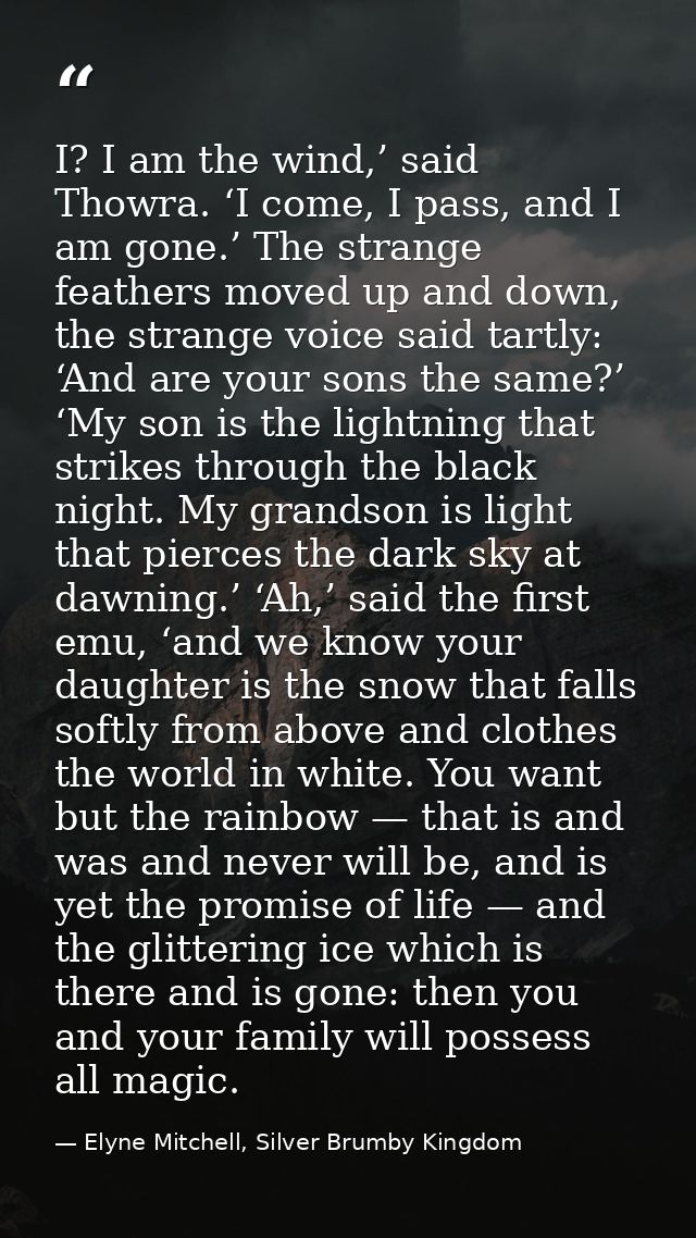 I? I am the wind,’ said Thowra. ‘I come, I pass, and I am gone.’ The strange feathers moved up and down, the strange voi — Elyne Mitchell, Silver Brumby Kingdom