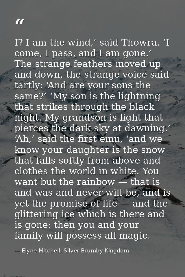 I? I am the wind,’ said Thowra. ‘I come, I pass, and I am gone.’ The strange feathers moved up and down, the strange voi — Elyne Mitchell, Silver Brumby Kingdom