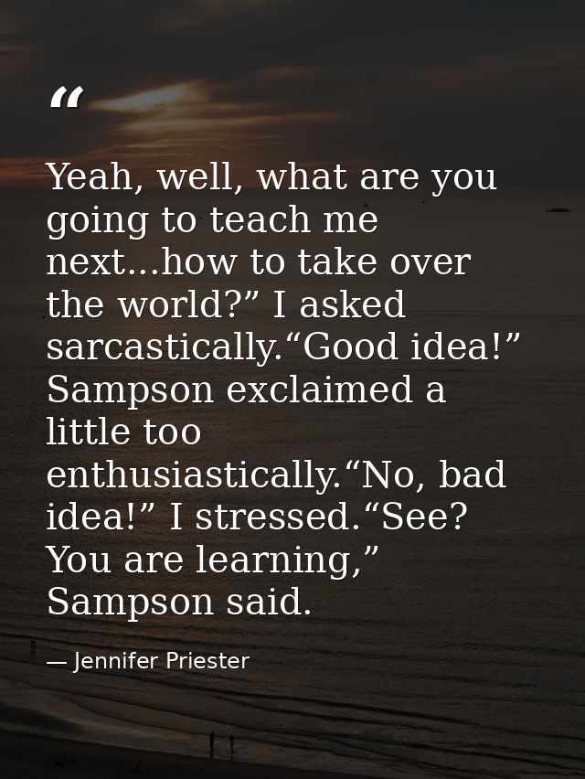 Yeah, well, what are you going to teach me next...how to take over the world?” I asked sarcastically.“Good idea!” Sampso — Jennifer Priester