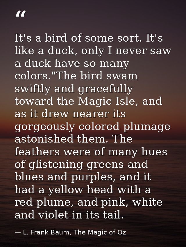 It's a bird of some sort. It's like a duck, only I never saw a duck have so many colors."The bird swam swiftly and grace — L. Frank Baum, The Magic of Oz