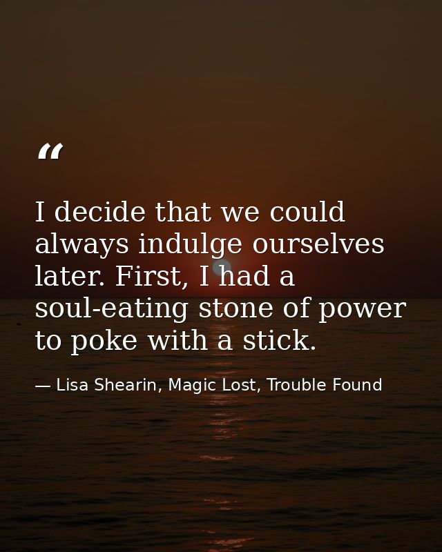 I decide that we could always indulge ourselves later. First, I had a soul-eating stone of power to poke with a stick. — Lisa Shearin, Magic Lost, Trouble Found