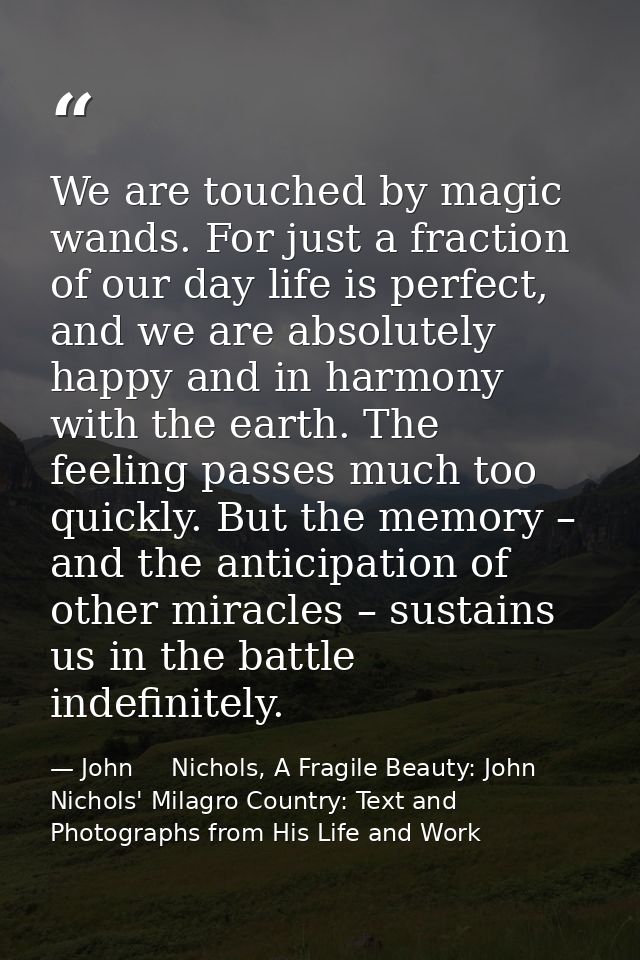 We are touched by magic wands. For just a fraction of our day life is perfect, and we are absolutely happy and in harmon — John     Nichols, A Fragile Beauty: John Nichols' Milagro Country: Text and Photographs from His Life and Work