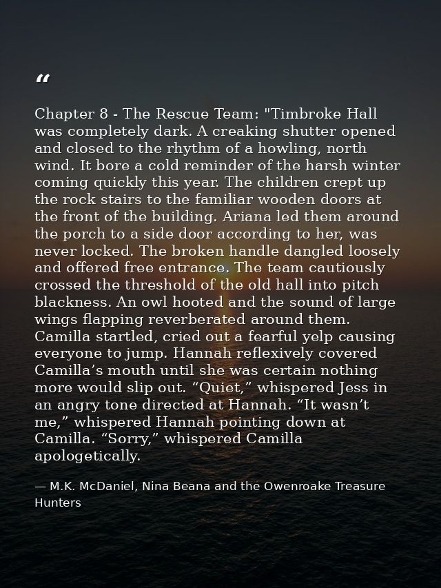 Chapter 8 - The Rescue Team: "Timbroke Hall was completely dark. A creaking shutter opened and closed to the rhythm of a — M.K. McDaniel, Nina Beana and the Owenroake Treasure Hunters