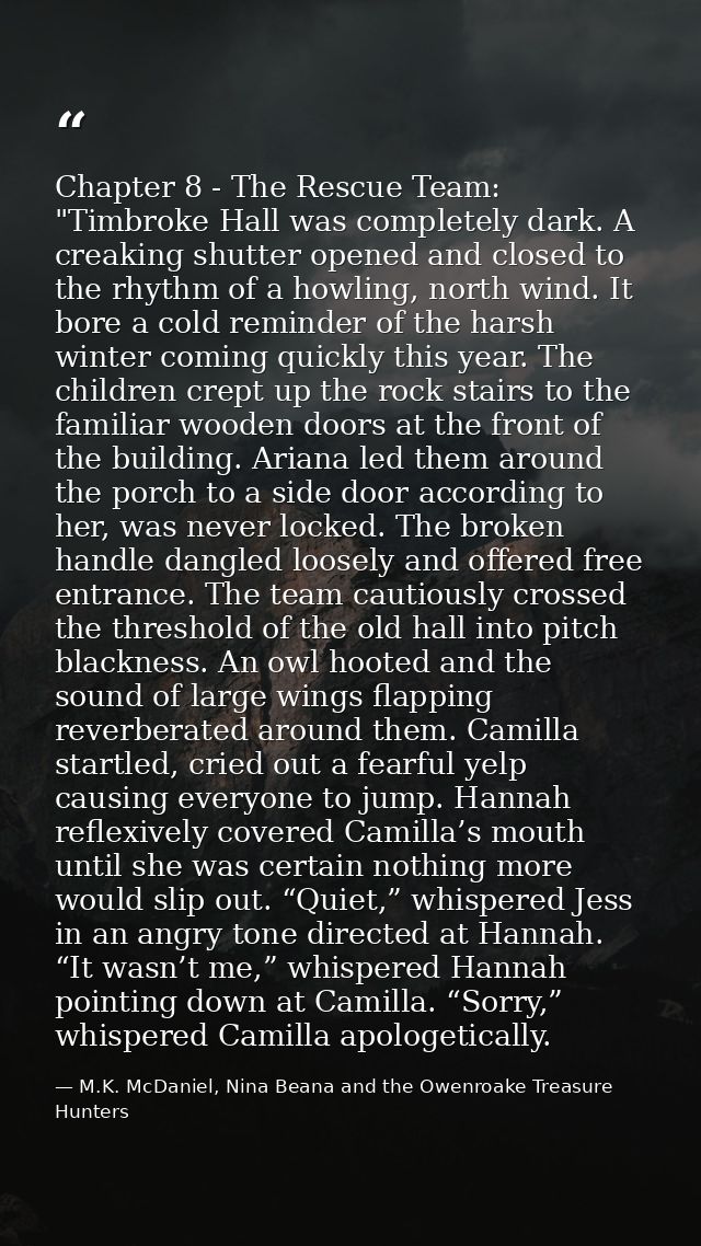 Chapter 8 - The Rescue Team: "Timbroke Hall was completely dark. A creaking shutter opened and closed to the rhythm of a — M.K. McDaniel, Nina Beana and the Owenroake Treasure Hunters