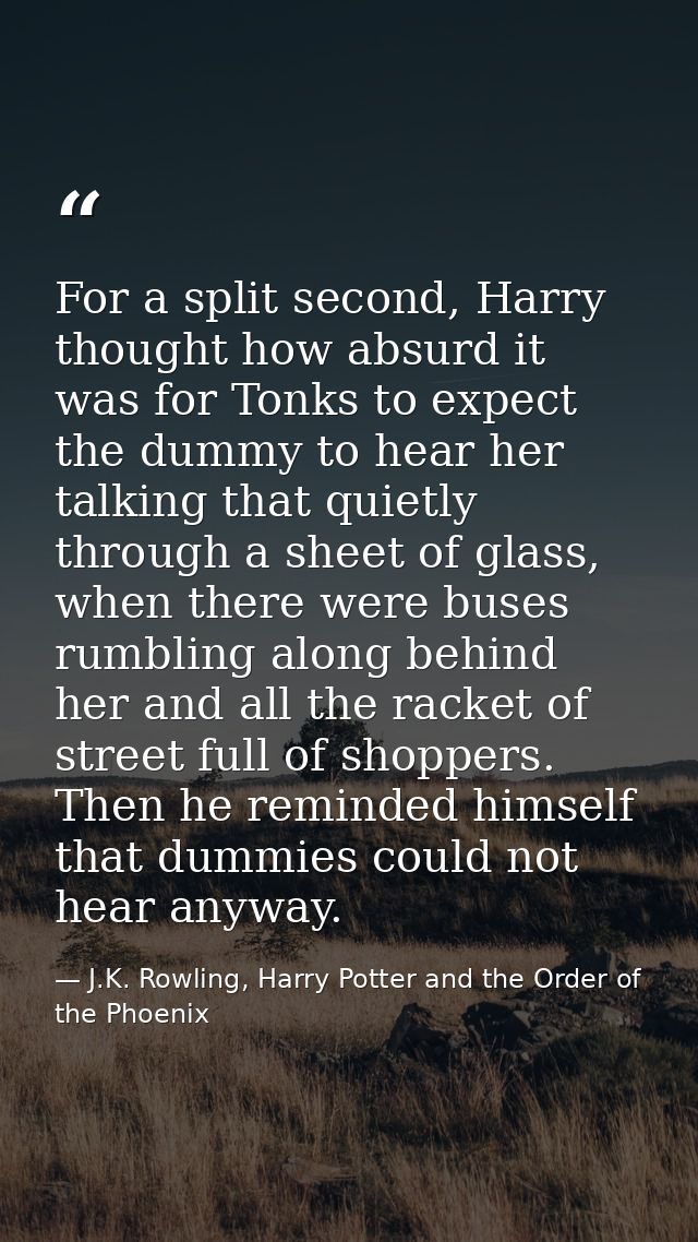 For a split second, Harry thought how absurd it was for Tonks to expect the dummy to hear her talking that quietly throu — J.K. Rowling, Harry Potter and the Order of the Phoenix