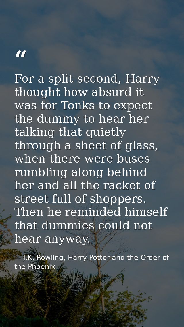 For a split second, Harry thought how absurd it was for Tonks to expect the dummy to hear her talking that quietly throu — J.K. Rowling, Harry Potter and the Order of the Phoenix