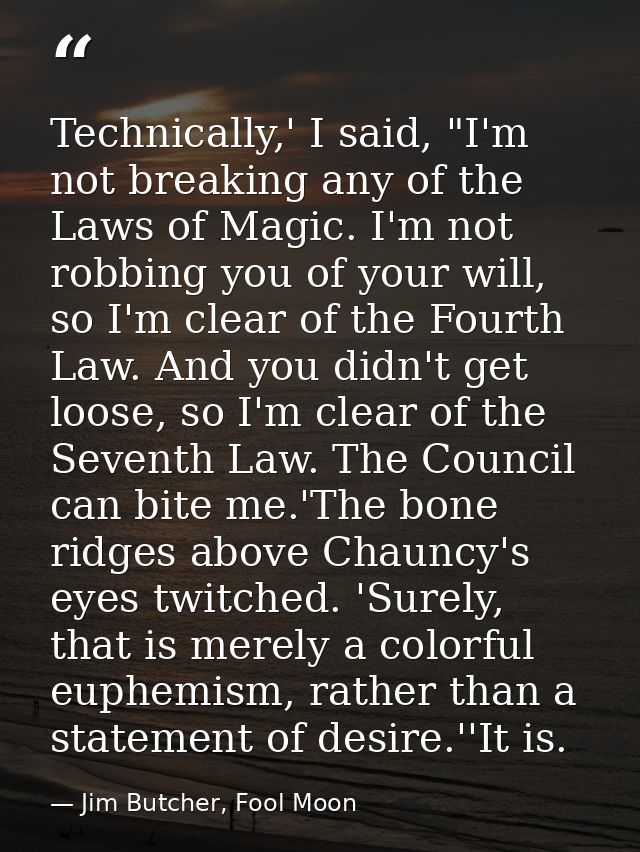 Technically,' I said, "I'm not breaking any of the Laws of Magic. I'm not robbing you of your will, so I'm clear of the  — Jim Butcher, Fool Moon