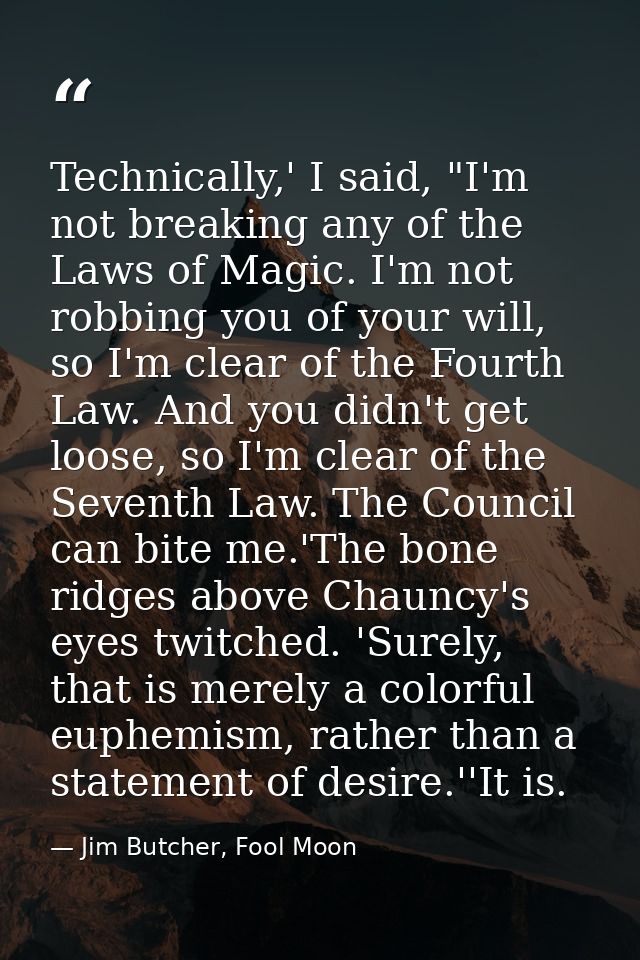 Technically,' I said, "I'm not breaking any of the Laws of Magic. I'm not robbing you of your will, so I'm clear of the  — Jim Butcher, Fool Moon