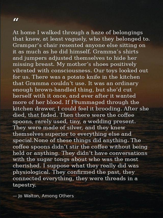At home I walked through a haze of belongings that knew, at least vaguely, who they belonged to. Grampar’s chair resente — Jo Walton, Among Others