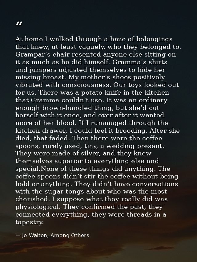 At home I walked through a haze of belongings that knew, at least vaguely, who they belonged to. Grampar’s chair resente — Jo Walton, Among Others