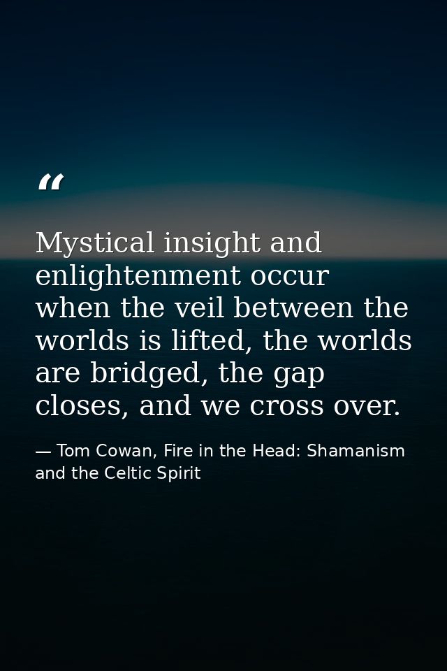 Mystical insight and enlightenment occur when the veil between the worlds is lifted, the worlds are bridged, the gap clo — Tom Cowan, Fire in the Head: Shamanism and the Celtic Spirit