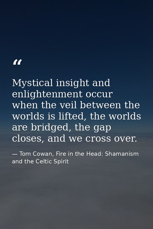 Mystical insight and enlightenment occur when the veil between the worlds is lifted, the worlds are bridged, the gap clo — Tom Cowan, Fire in the Head: Shamanism and the Celtic Spirit