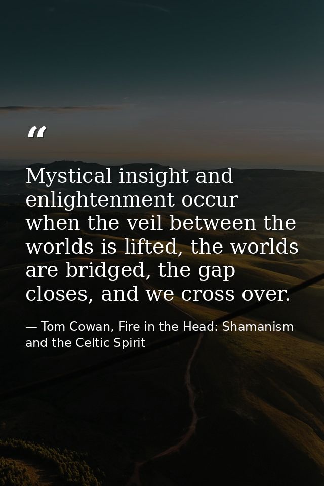 Mystical insight and enlightenment occur when the veil between the worlds is lifted, the worlds are bridged, the gap clo — Tom Cowan, Fire in the Head: Shamanism and the Celtic Spirit