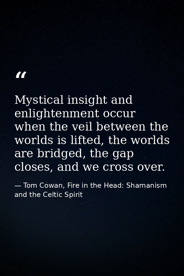 Mystical insight and enlightenment occur when the veil between the worlds is lifted, the worlds are bridged, the gap clo — Tom Cowan, Fire in the Head: Shamanism and the Celtic Spirit