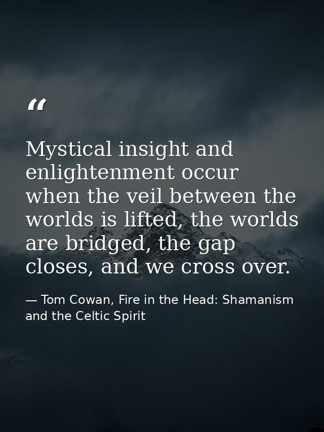 Mystical insight and enlightenment occur when the veil between the worlds is lifted, the worlds are bridged, the gap clo — Tom Cowan, Fire in the Head: Shamanism and the Celtic Spirit