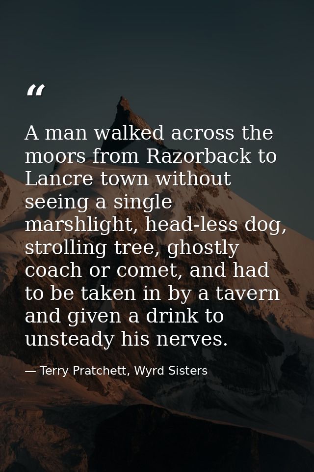 A man walked across the moors from Razorback to Lancre town without seeing a single marshlight, head-less dog, strolling — Terry Pratchett, Wyrd Sisters