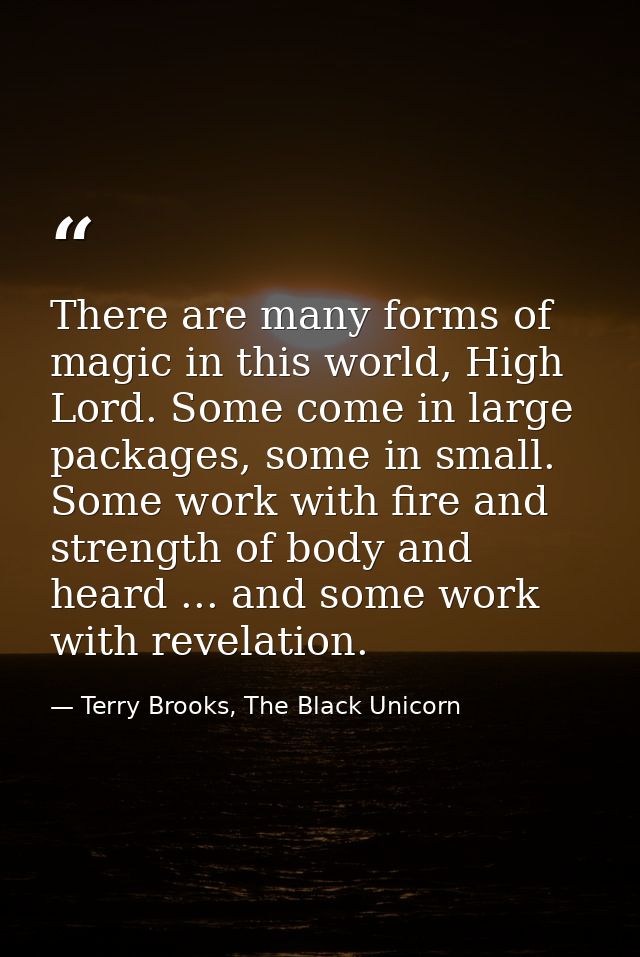 There are many forms of magic in this world, High Lord. Some come in large packages, some in small. Some work with fire  — Terry Brooks, The Black Unicorn
