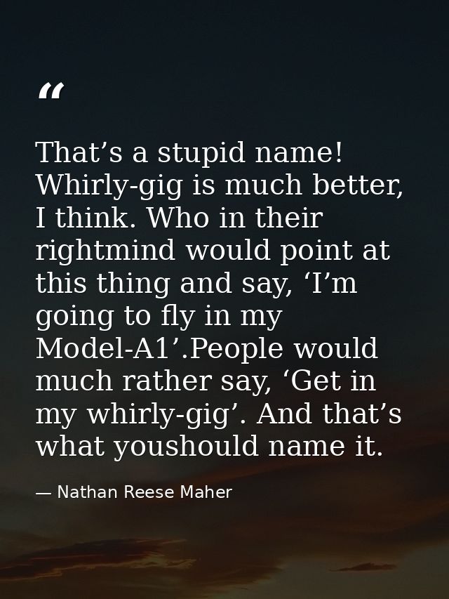 That’s a stupid name! Whirly-gig is much better, I think. Who in their rightmind would point at this thing and say, ‘I’m — Nathan Reese Maher