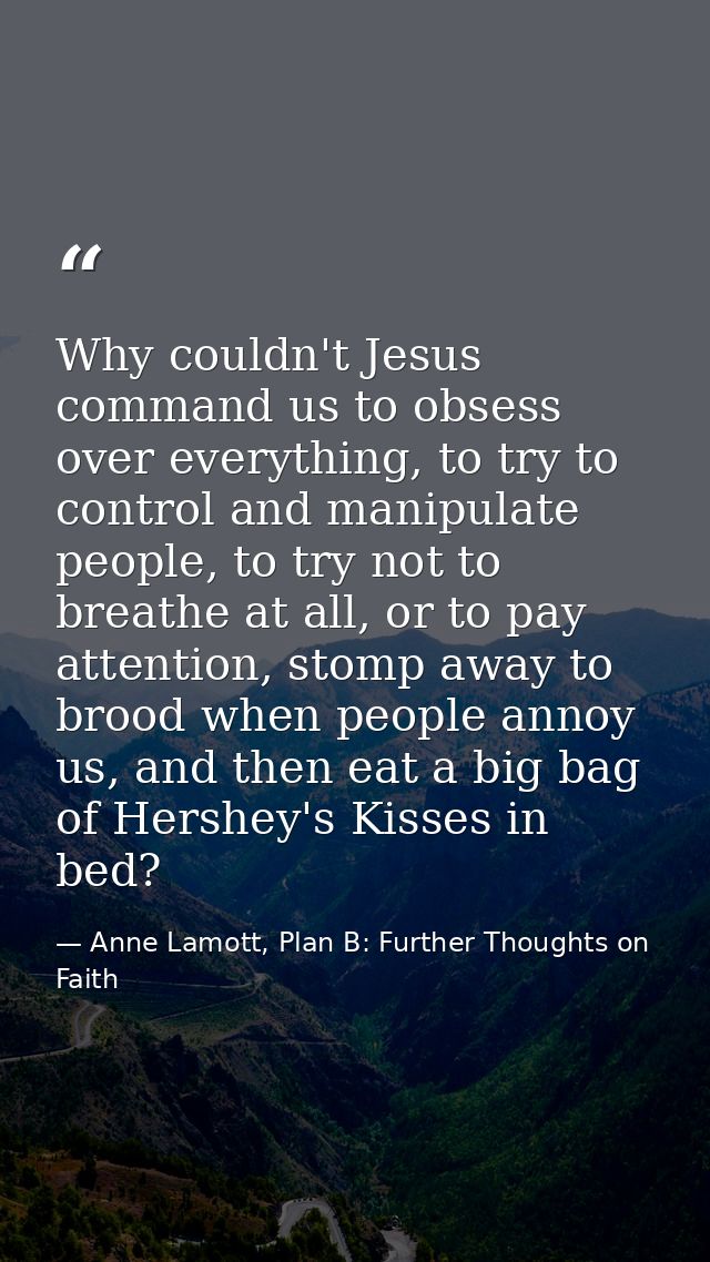 Why couldn't Jesus command us to obsess over everything, to try to control and manipulate people, to try not to breathe  — Anne Lamott, Plan B: Further Thoughts on Faith