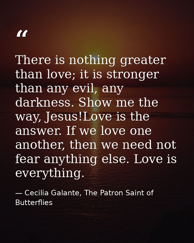 There is nothing greater than love; it is stronger than any evil, any darkness. Show me the way, Jesus!Love is the answe — Cecilia Galante, The Patron Saint of Butterflies