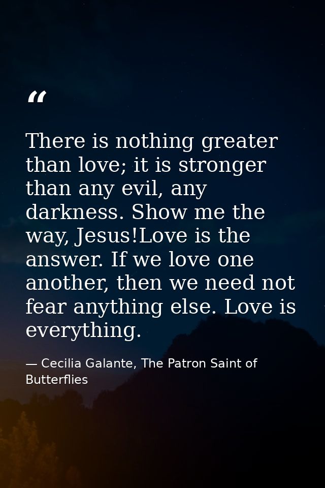 There is nothing greater than love; it is stronger than any evil, any darkness. Show me the way, Jesus!Love is the answe — Cecilia Galante, The Patron Saint of Butterflies