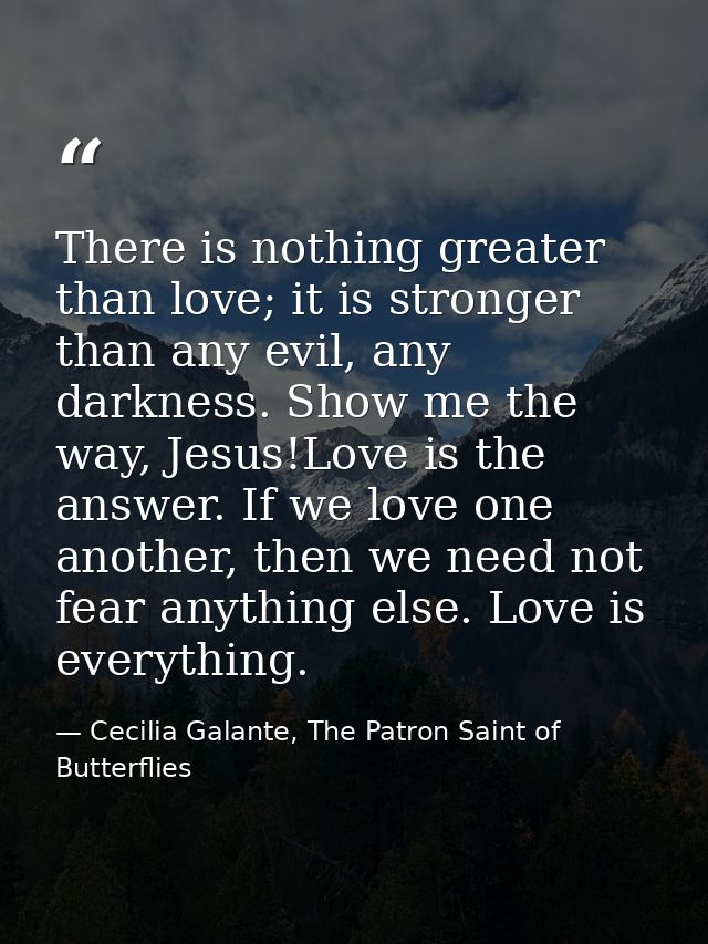 There is nothing greater than love; it is stronger than any evil, any darkness. Show me the way, Jesus!Love is the answe — Cecilia Galante, The Patron Saint of Butterflies