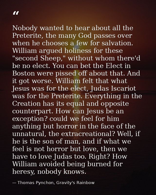 Nobody wanted to hear about all the Preterite, the many God passes over when he chooses a few for salvation. William arg — Thomas Pynchon, Gravity's Rainbow