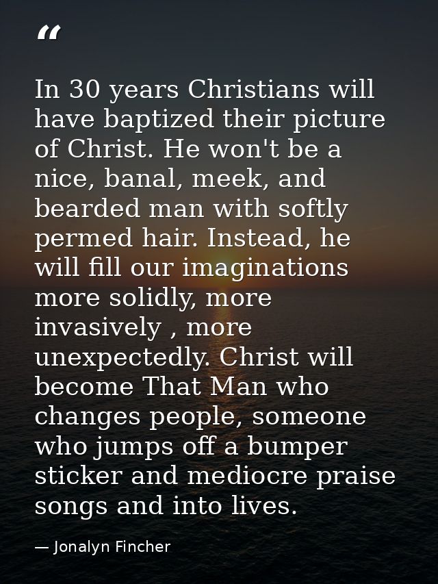 In 30 years Christians will have baptized their picture of Christ. He won't be a nice, banal, meek, and bearded man with — Jonalyn Fincher