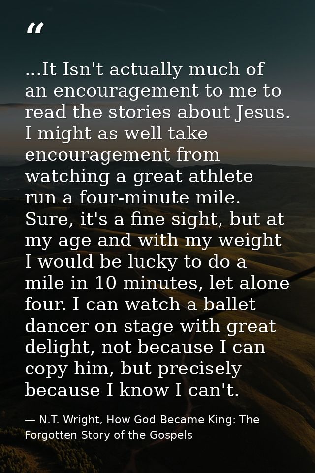 ...It Isn't actually much of an encouragement to me to read the stories about Jesus. I might as well take encouragement  — N.T. Wright, How God Became King: The Forgotten Story of the Gospels