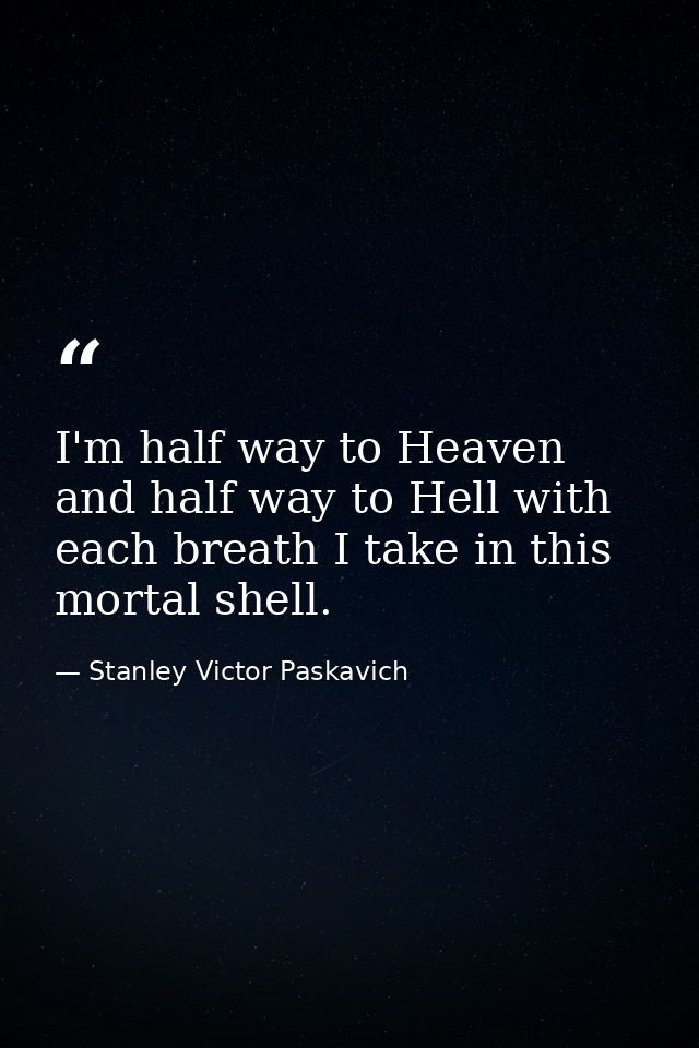 I'm half way to Heaven and half way to Hell with each breath I take in this mortal shell. — Stanley Victor Paskavich