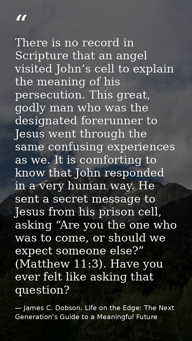 There is no record in Scripture that an angel visited John’s cell to explain the meaning of his persecution. This great, — James C. Dobson, Life on the Edge: The Next Generation's Guide to a Meaningful Future