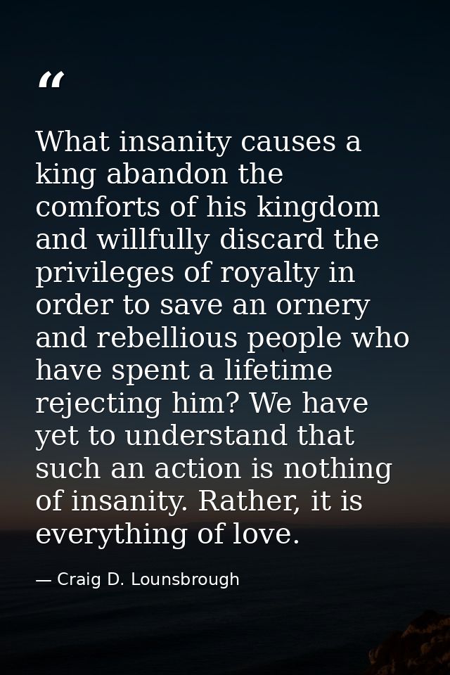 What insanity causes a king abandon the comforts of his kingdom and willfully discard the privileges of royalty in order — Craig D. Lounsbrough