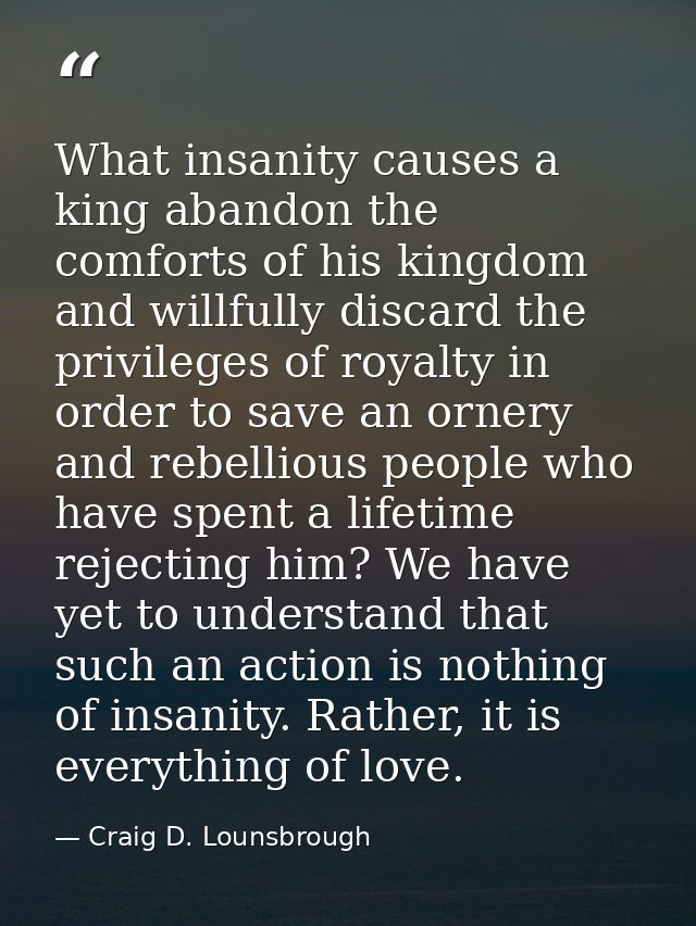 What insanity causes a king abandon the comforts of his kingdom and willfully discard the privileges of royalty in order — Craig D. Lounsbrough