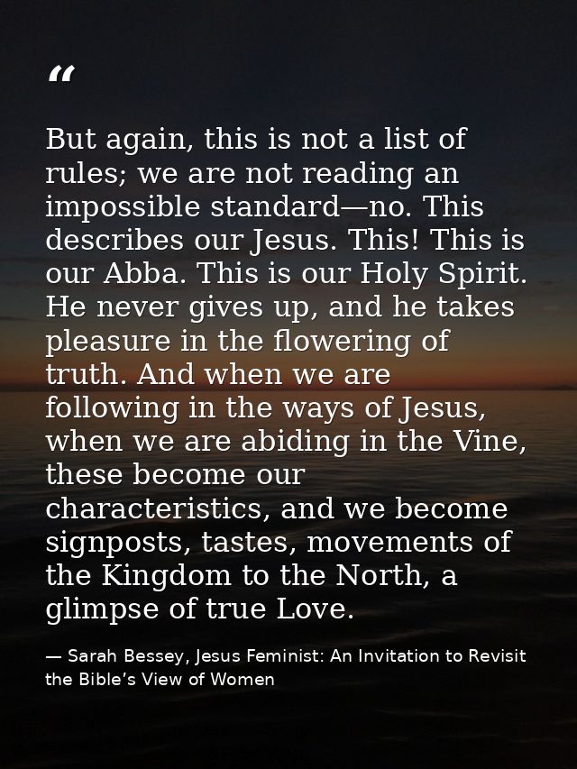 But again, this is not a list of rules; we are not reading an impossible standard—no. This describes our Jesus. This! Th — Sarah Bessey, Jesus Feminist: An Invitation to Revisit the Bible’s View of Women