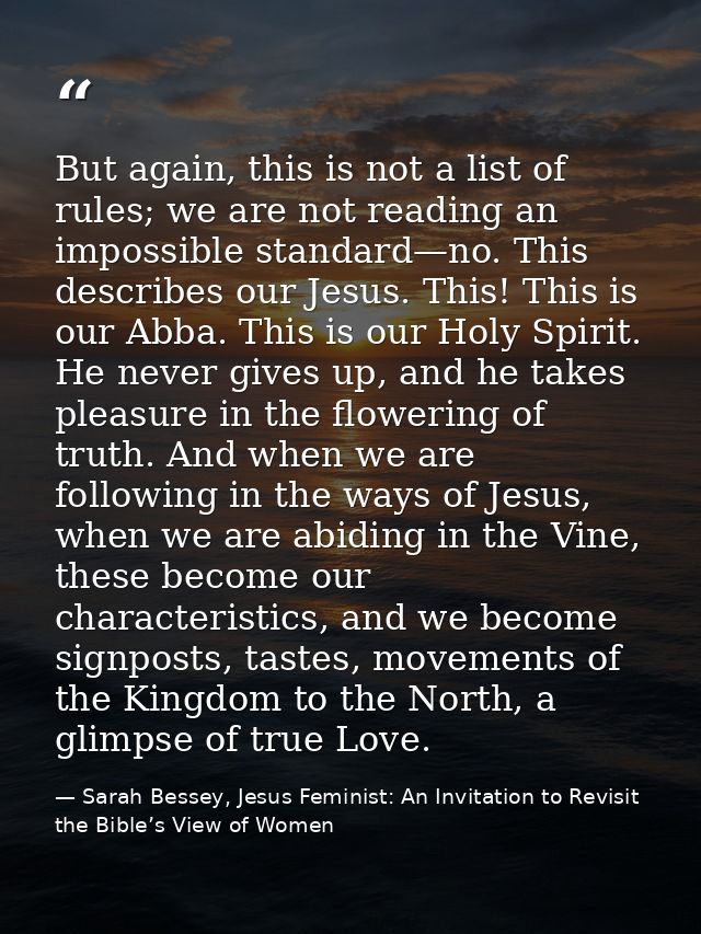 But again, this is not a list of rules; we are not reading an impossible standard—no. This describes our Jesus. This! Th — Sarah Bessey, Jesus Feminist: An Invitation to Revisit the Bible’s View of Women