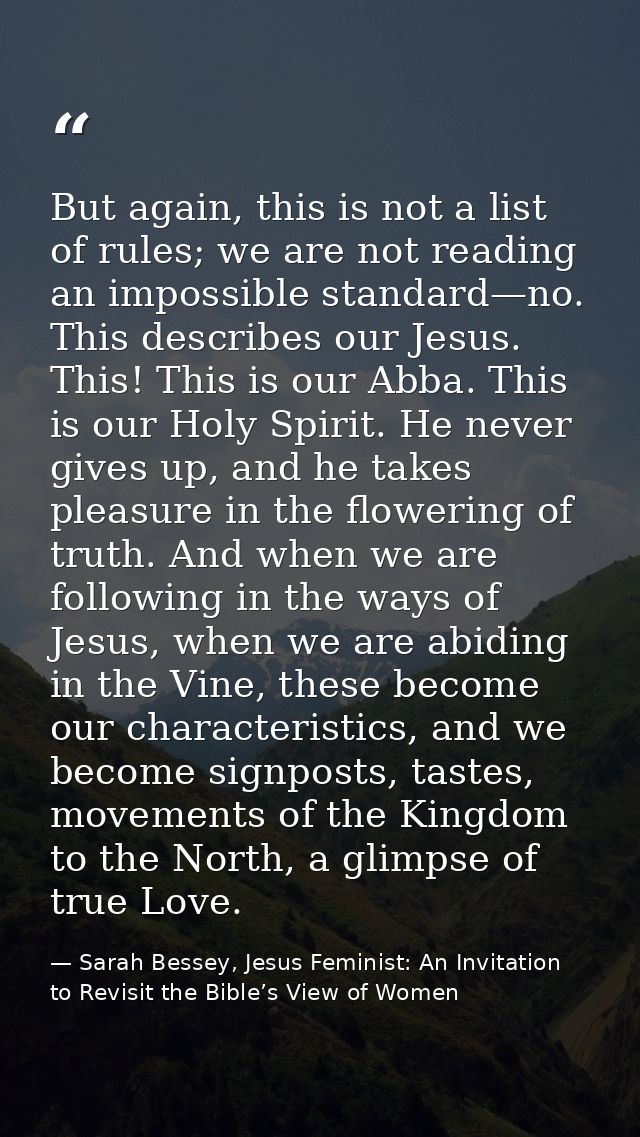 But again, this is not a list of rules; we are not reading an impossible standard—no. This describes our Jesus. This! Th — Sarah Bessey, Jesus Feminist: An Invitation to Revisit the Bible’s View of Women