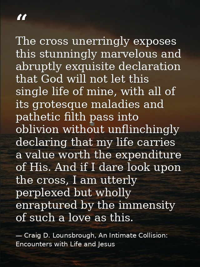 The cross unerringly exposes this stunningly marvelous and abruptly exquisite declaration that God will not let this sin — Craig D. Lounsbrough, An Intimate Collision: Encounters with Life and Jesus