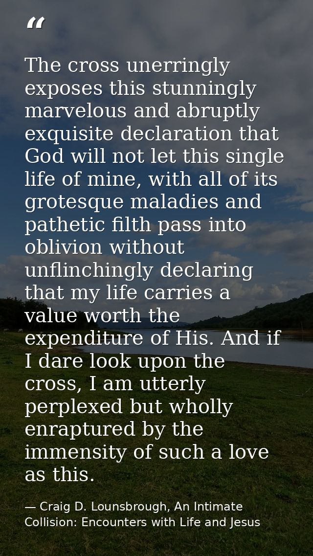 The cross unerringly exposes this stunningly marvelous and abruptly exquisite declaration that God will not let this sin — Craig D. Lounsbrough, An Intimate Collision: Encounters with Life and Jesus