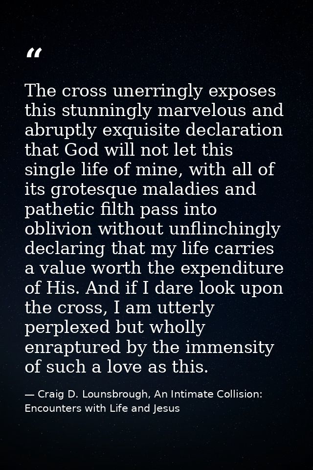 The cross unerringly exposes this stunningly marvelous and abruptly exquisite declaration that God will not let this sin — Craig D. Lounsbrough, An Intimate Collision: Encounters with Life and Jesus