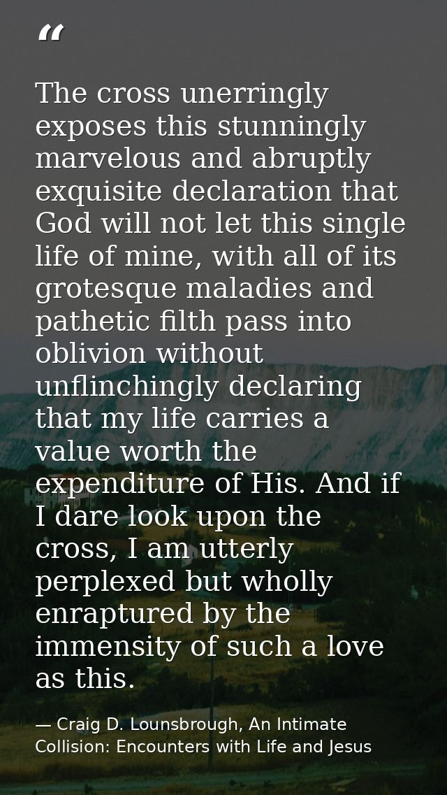 The cross unerringly exposes this stunningly marvelous and abruptly exquisite declaration that God will not let this sin — Craig D. Lounsbrough, An Intimate Collision: Encounters with Life and Jesus