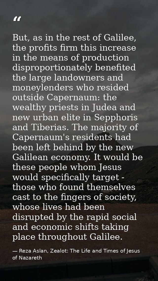 But, as in the rest of Galilee, the profits firm this increase in the means of production disproportionately benefited t — Reza Aslan, Zealot: The Life and Times of Jesus of Nazareth