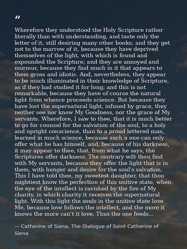 Wherefore they understood the Holy Scripture rather literally than with understanding, and taste only the letter of it,  — Catherine of Siena, The Dialogue of Saint Catherine of Siena
