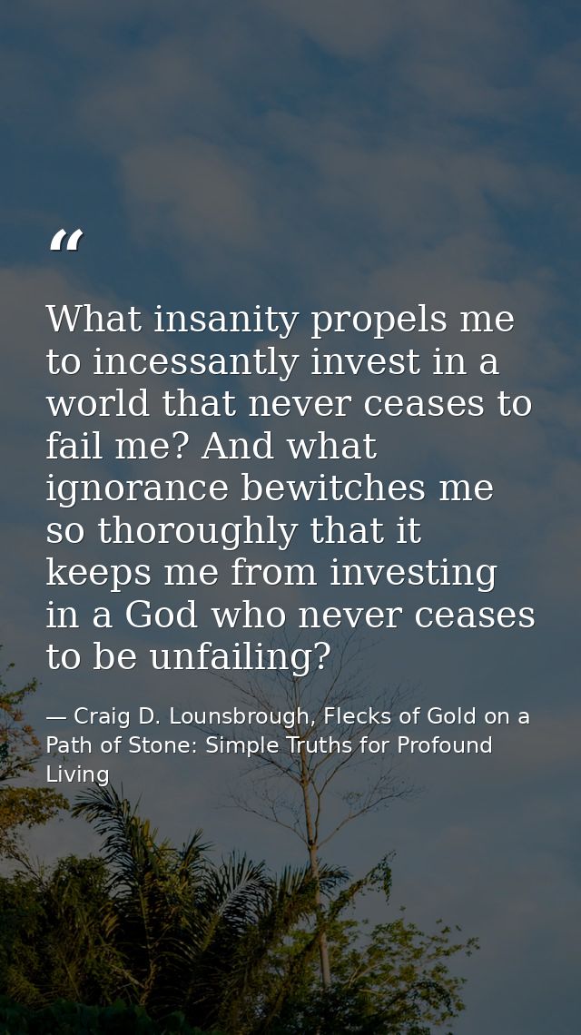 What insanity propels me to incessantly invest in a world that never ceases to fail me? And what ignorance bewitches me  — Craig D. Lounsbrough, Flecks of Gold on a Path of Stone: Simple Truths for Profound Living