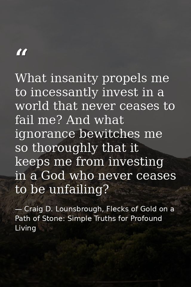 What insanity propels me to incessantly invest in a world that never ceases to fail me? And what ignorance bewitches me  — Craig D. Lounsbrough, Flecks of Gold on a Path of Stone: Simple Truths for Profound Living