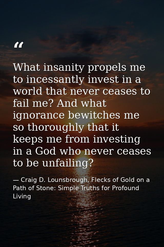 What insanity propels me to incessantly invest in a world that never ceases to fail me? And what ignorance bewitches me  — Craig D. Lounsbrough, Flecks of Gold on a Path of Stone: Simple Truths for Profound Living