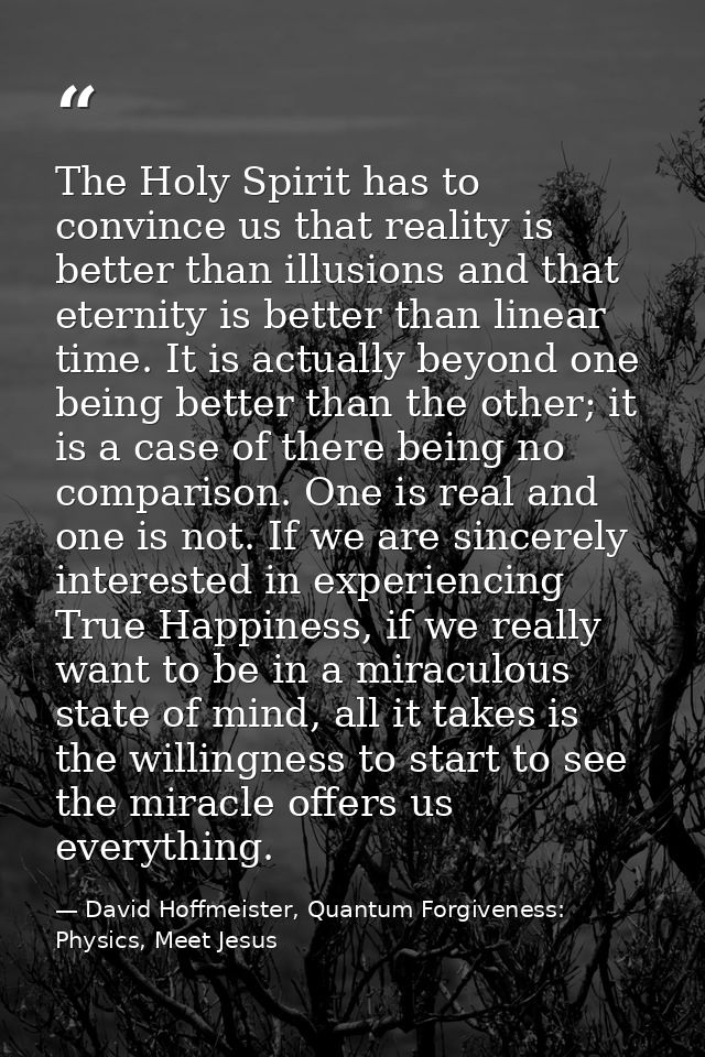 The Holy Spirit has to convince us that reality is better than illusions and that eternity is better than linear time. I — David Hoffmeister, Quantum Forgiveness: Physics, Meet Jesus