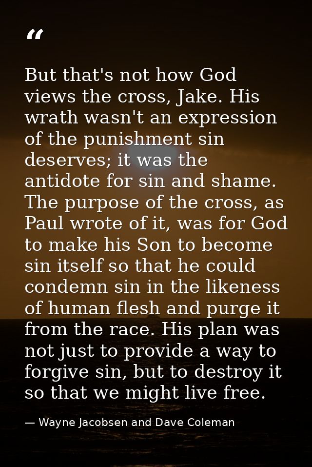 But that's not how God views the cross, Jake. His wrath wasn't an expression of the punishment sin deserves; it was the  — Wayne Jacobsen and Dave Coleman