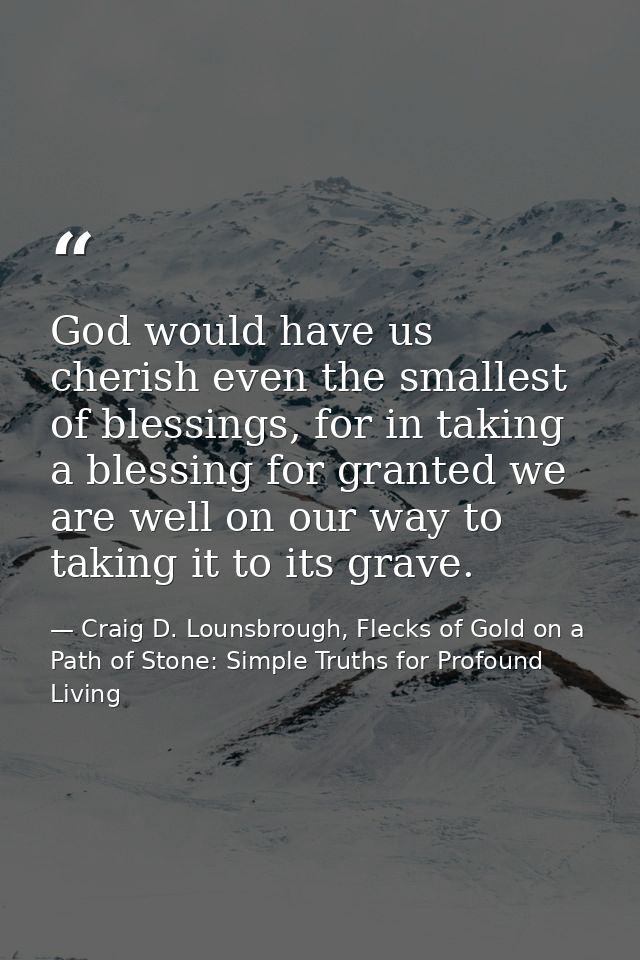 God would have us cherish even the smallest of blessings, for in taking a blessing for granted we are well on our way to — Craig D. Lounsbrough, Flecks of Gold on a Path of Stone: Simple Truths for Profound Living